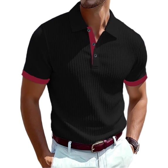 Fabrcox Ribbed Polo Shirts for Men Lapel Button Up Short Sleeve Shirts Men Color Block Summer Outdoor Big and Tall Men Golf Shirts
