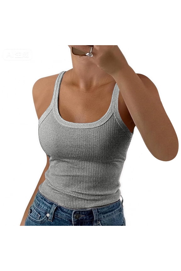 Ribbed Tank Tops for Women U Neck Sleeveless Spaghetti Strap Camisole Tops for Women Fitted Stretch Athletic Basic Women Undershirts Gray XXL