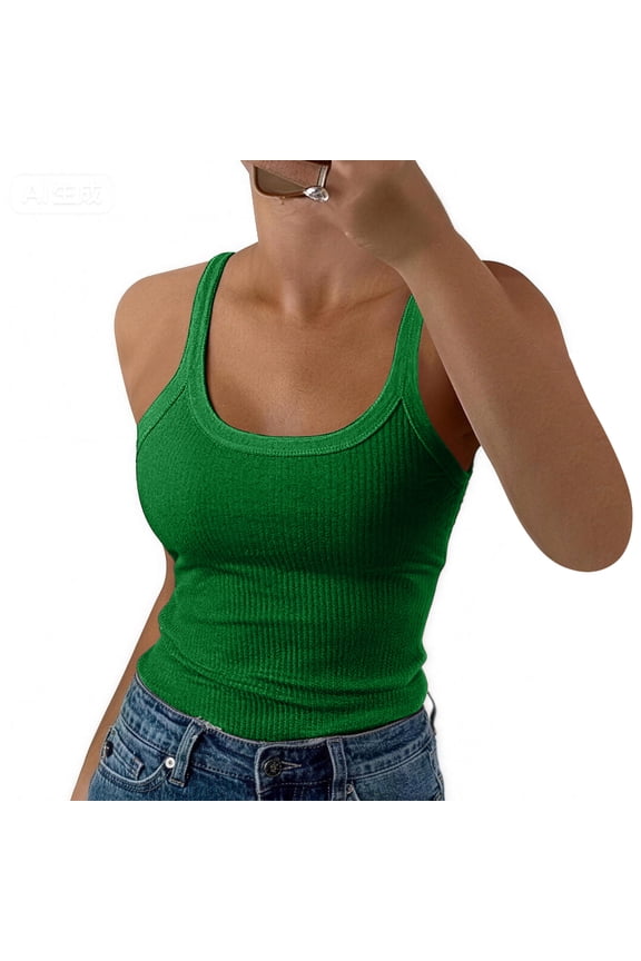 Ribbed Tank Tops for Women U Neck Sleeveless Spaghetti Strap Women Camisole Tops Fitted Stretch Sports Basic Undershirt for Women Green XXL