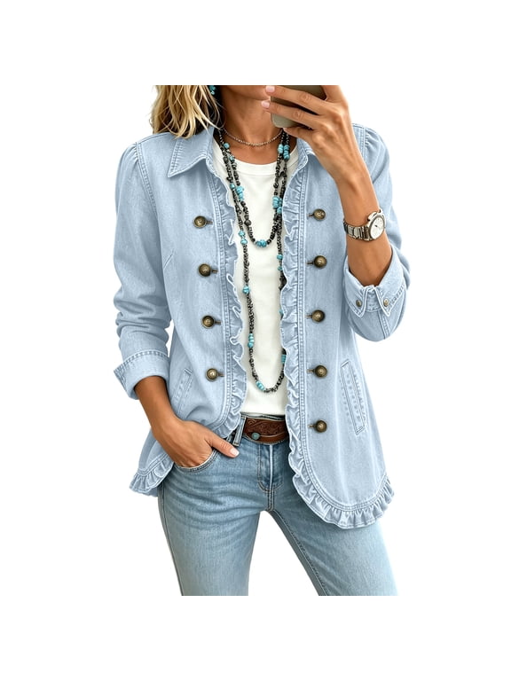 Ruffle Denim Jacket Double Breasted Open Front Denim Cardigan Long Sleeve Fall Outfits Retro Western Lightweight Business Blazers for Women with Pockets Light Blue XL
