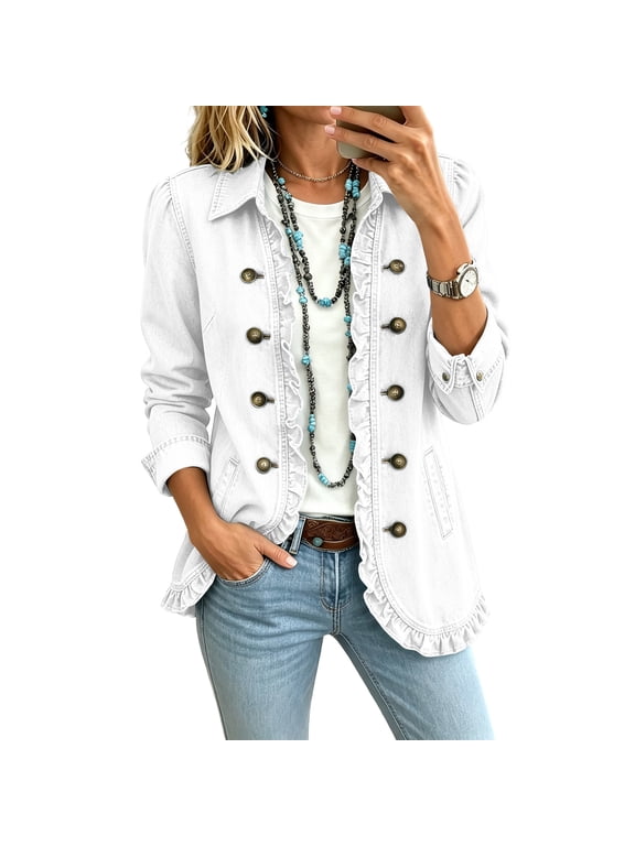 Ruffle Denim Jacket Double Breasted Open Front Denim Cardigan for Women Long Sleeve Fall Outfits Vintage Western Lightweight Work Women Blazer with Pockets White L
