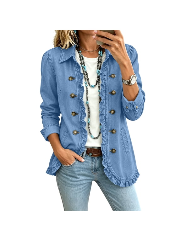 Ruffled Denim Jacket for Women Double Breasted Open Front Denim Cardigan Long Sleeve Fall Outfits Retro Western Lightweight Office Blazer for Women with Pockets Blue XXL