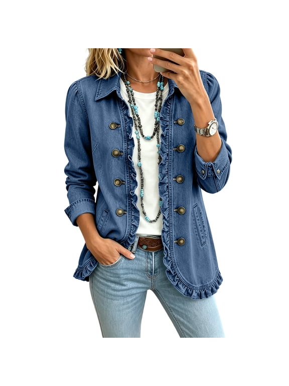 Ruffled Denim Jacket for Women Double Breasted Open Front Denim Cardigan for Women Long Sleeve Fall Outfits Retro Western Lightweight Business Women Blazer with Pockets Dark Blue XL