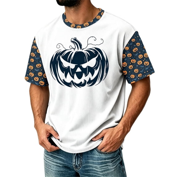 Fabrcox S-4XL Halloween Men's shirts Funny Ghost Pumpkin Cat Mens Graphic T-Shirts Fall Winter Festival Corduroy Raglan Mens Short Sleeve Tshirts White XXL