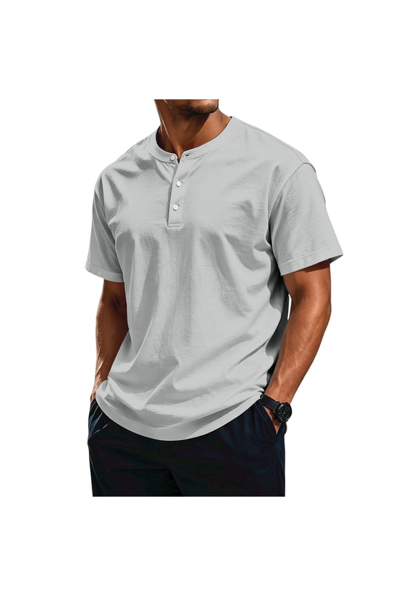 S-4XL Henley Shirts for Men 3 Button Mens Short Sleeve Shirts Basic Breathable Lightweight Workout Mens Shirts Big and Tall Gray 4XL