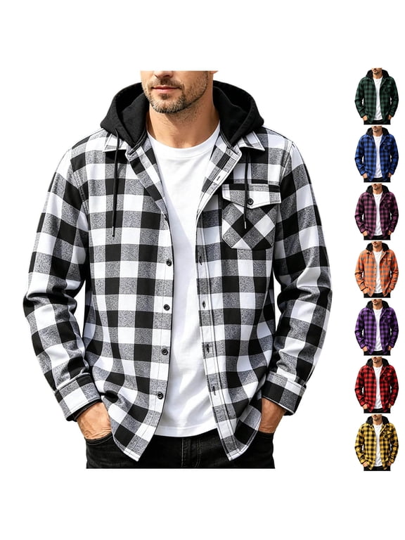 S-4XL Hooded Flannel Shirt Jacket for Men Long Sleeve Button Down Men Shacket Plaid with Chest Pocket Casual Oversized Hoodies Coat Orange L