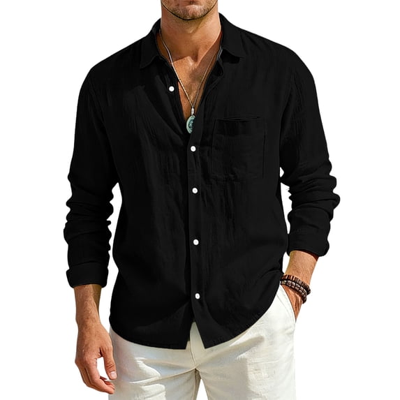 Fabrcox S-4XL Linen Button Down Shirt Men Roll Up Collared Long Sleeve Shirt for Men Sun Protection Vacation Travel Summer Mens Beach Shirts with Pocket Black S