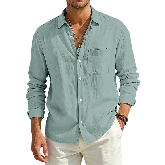 Fabrcox S-4XL Mens Linen Button Down Shirts Roll Up Collared Long Sleeve Shirt Men Sun Protection Vacation Travel Summer Men Beach Shirt with Pocket Green S