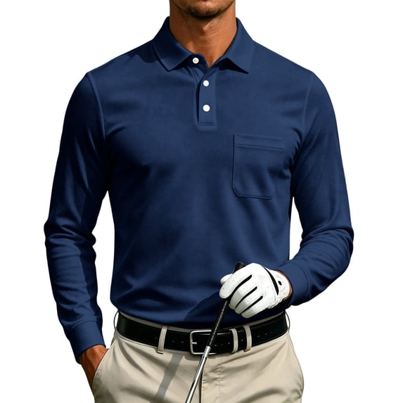 Fabrcox S-4XL Mens Long Sleeve Polo Shirts with Pockets Collared Work Shirt for Men Office Casual Plain Classic Fit Outdoor Men's Golf Shirts Navy XXXL
