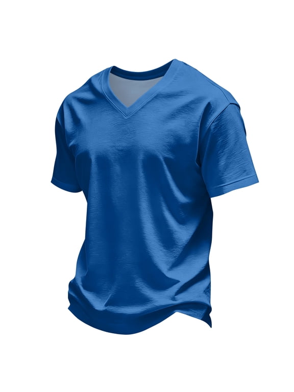 S-4XL Mens Shirts Short Sleeve Basic Men V Neck T Shirts Regular Fit Breathable Lightweight Workout Men's Big and Tall Shirts Blue 4XL
