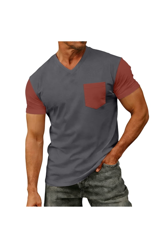 S-4XL Mens Short Sleeve Tshirts Big and Tall V Neck T Shirts for Man Color Block Workout Gym Mens Summer Shirts with Pocket