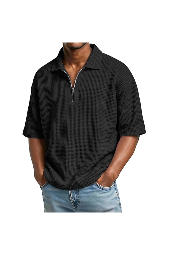 S-4XL Waffle Zip Up Polo Shirt Men Collared V Neck Short Sleeve Shirt Men Big and Tall Going Out Gym Men's Athletic Shirts Black S