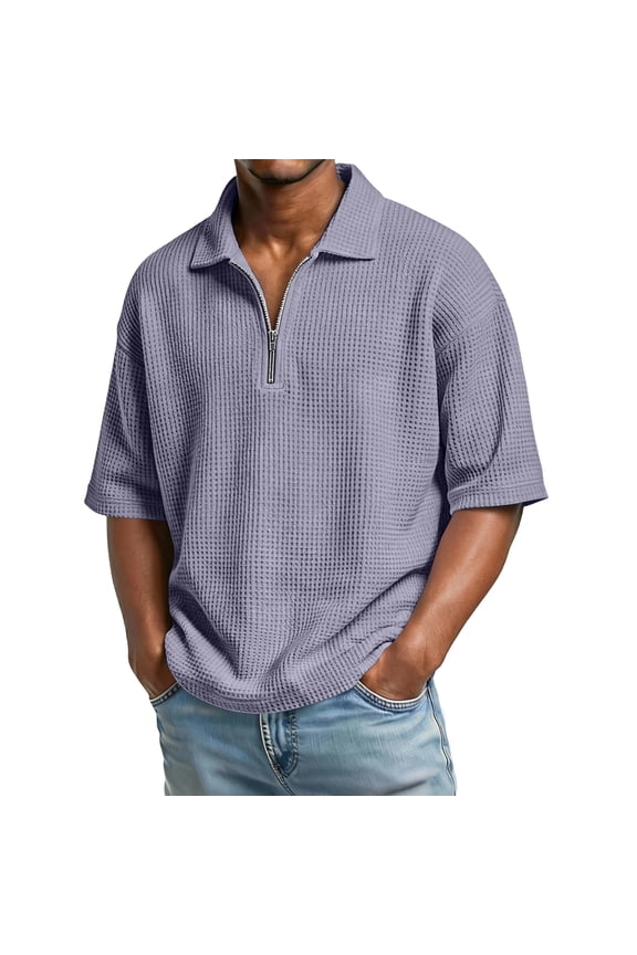 S-4XL Waffle Zipper Polo Shirts Men Lapel Collar V Neck Shirts for Men Short Sleeve Big and Tall Outdoor Hiking Athletic Shirts Men Purple XXL