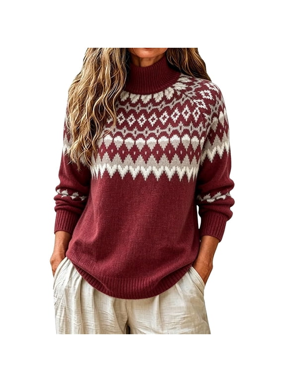 S-4XL Women Fair Isle Sweater Casual Vintage Turtleneck Sweater Women Long Sleeve Oversized Loose Fit Cute Retro Graphic Fall Winter Trendy Knit Women Pullover Red M