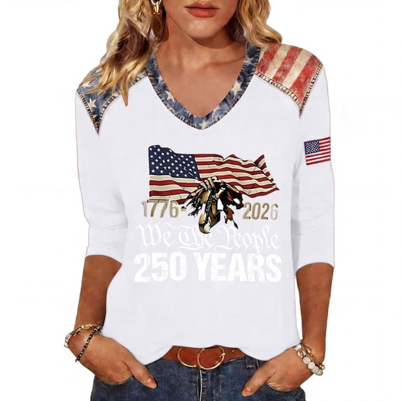 Fabrcox S-5XL 1776-2026 250 Anniversary USA Shirt Flag Print 3/4 Length Sleeve Fourth of July Shirt Women Independence Day Celebration Freedom Patriotic Shirts for Women