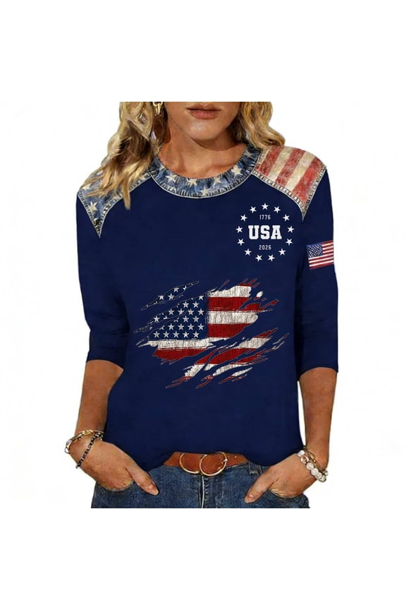 S-5XL 1776-2026 250 Anniversary USA Shirt Women 3/4 Sleeve Flag Print Womens 4th of July Tops Independence Day Celebration Freedom Patriotic Women's Tunic Top