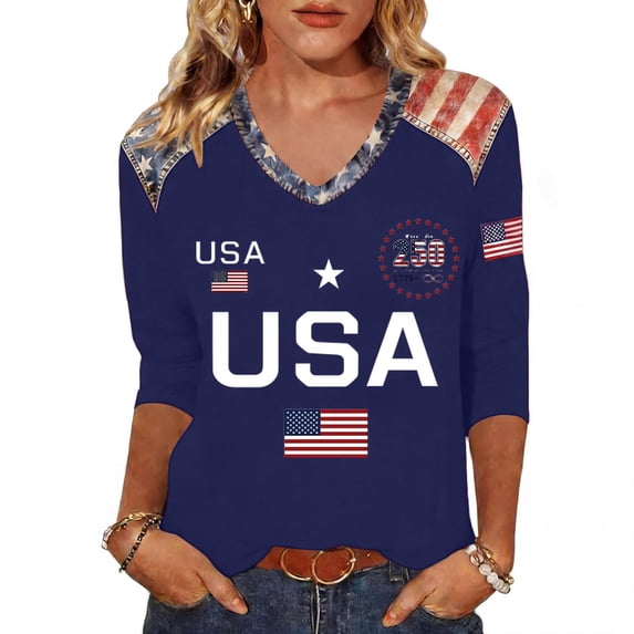 Fabrcox S-5XL 1776-2026 250 Anniversary USA Shirts Flag Print 3/4 Length Sleeve 4th of July Outfits for Women We the People Celebration Freedom Patriotic Shirt Women