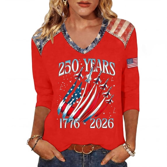 Fabrcox S-5XL 1776-2026 250 Anniversary USA Shirts Flag Print 3/4 Length Sleeve 4th July Shirts for Women We the People Celebration Freedom Patriotic Shirts for Women