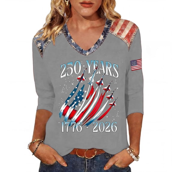 Fabrcox S-5XL 1776-2026 250 Th Anniversary of USA Shirt Flag Print 3/4 Sleeve 4th of July Women's Shirts We the People Celebration Freedom Patriotic Shirt Women
