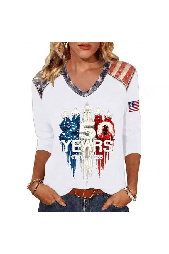 S-5XL 1776-2026 USA 250th Anniversary Shirt Flag Print 3/4 Length Sleeve 4th of July Outfits for Women We the People Celebration Freedom Patriotic Shirt Women