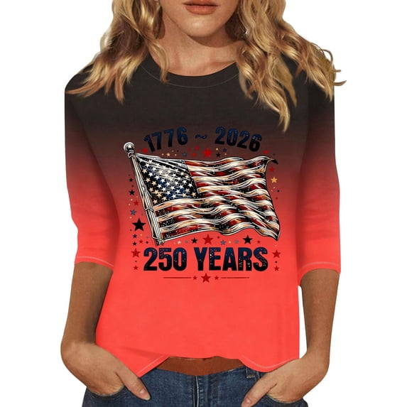 Fabrcox S-5XL 250 Th Anniversary of USA Shirt 1776-2026 Flag Print Gradient 3/4 Length Sleeve Womens Tops Independence Day Freedom Patriotic Womens Fourth of July Shirt Red S