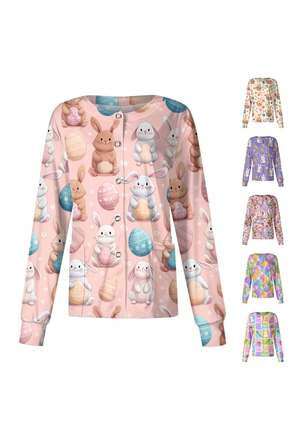 S-5XL Bunny Rabbit Scrub Jackets for Women Long Sleeve Snap Front Easter Animals Pattern Nurse Working Uniforms with Pocket