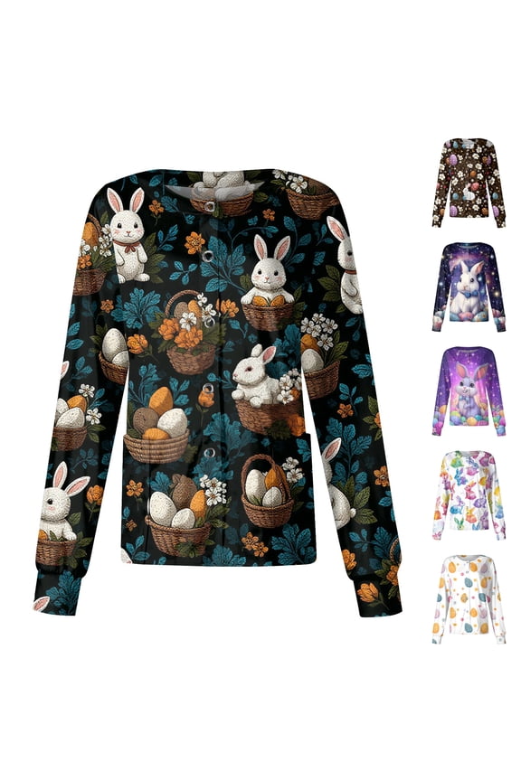 S-5XL Bunny Rabbit Women Scrub Jacket Long Sleeve Snap Front Scrubs Tops Easter Animals Pattern Women Nurse Uniform with Pocket