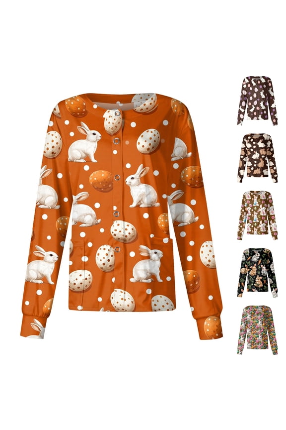S-5XL Bunny Rabbit Women Scrub Jacket Long Sleeve Snap Front Women Scrub Tops Easter Animals Pattern Nurse Uniform with Pocket