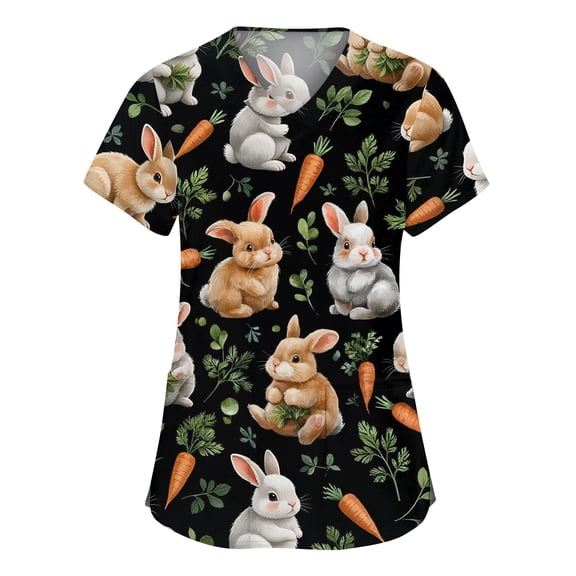 Fabrcox S-5XL Easter Bunny Eggs Print Holiday Scrubs Tops for Women V Neck Short Sleeve Easter Nurse Working Uniforms with Pocket