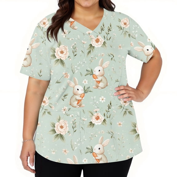 Fabrcox S-5XL Easter Bunny Eggs Print Holiday Women's Scrub Tops V Neck Short Sleeve Easter Nurses Working Uniforms with Pocket