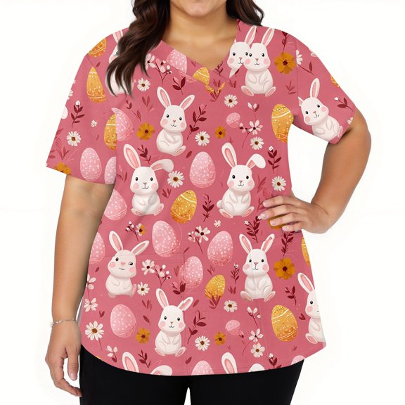 Fabrcox S-5XL Easter Bunny Eggs Print Holiday Womens Scrub Top V Neck Short Sleeve Easter Womens Nursing Uniforms Shirts with Pocket