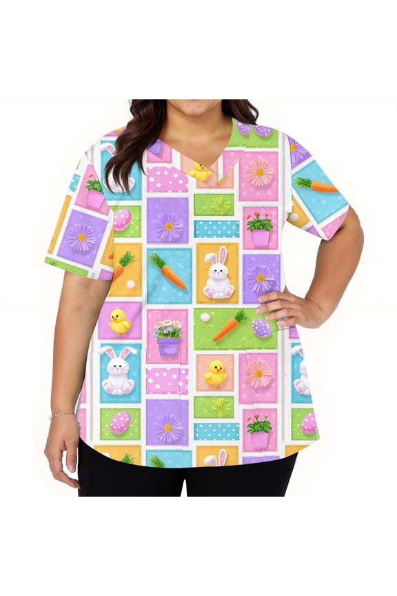 S-5XL Easter Bunny Eggs Print Holiday Womens Scrub Tops Printed V Neck Short Sleeve Easter Nurse Uniform with Pocket