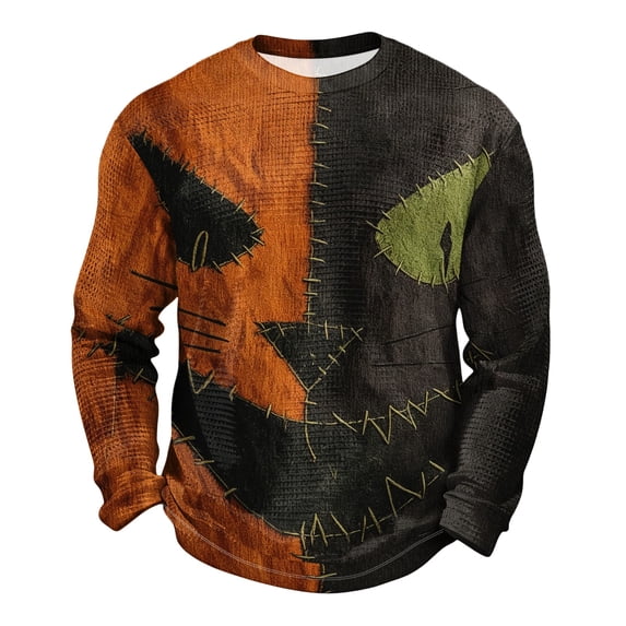 Fabrcox S-5XL Halloween Men's Shirts Spooky Pumpkin Face Patchwork Crew Neck Sweatshirt for Mens Funny Fall Waffle Big and Tall Pullover XXXL