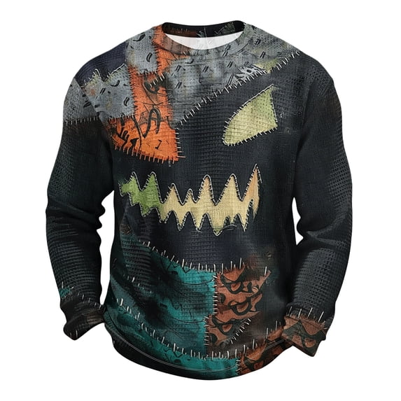 Fabrcox S-5XL Halloween Shirt for Men Spooky Pumpkin Face Patchwork Crewneck Sweatshirt for Men Funny Fall Waffle Knit Big and Tall Pullover 5XL