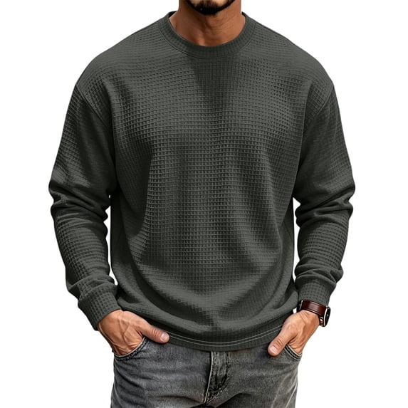 Fabrcox S-5XL Mens Long Sleeve Shirt Waffle Crew Neck Mens Casual Shirt Texture Knit Regular Fit Workout Shirts for Men Big and Tall Gray 5XL