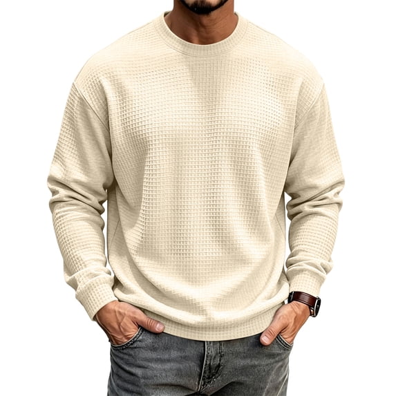 Fabrcox S-5XL Mens Long Sleeve Shirts Waffle Crew Neck Mens Casual Shirt Texture Knit Regular Fit Gym Men's Big and Tall Shirts Beige 5XL