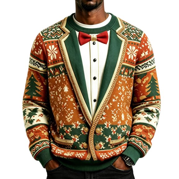 Fabrcox S-5XL Mens Ugly Christmas Sweatshirt Xmas 3D Print Fake Tuxedo Novelty Mens Crew Necks Sweatshirts Loose Fit Vintage Funny Winter Holiday Men's Pullover Shirts Yellow M