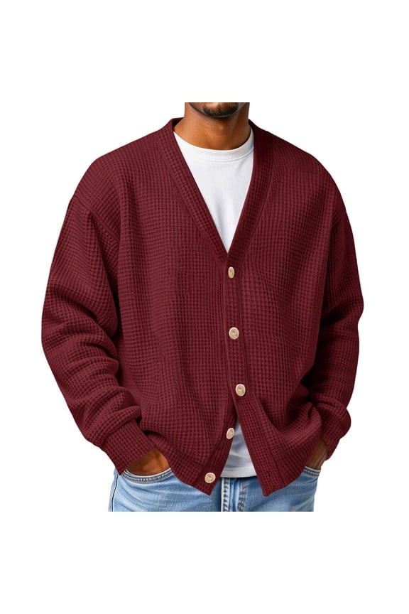 S-5XL Mens Waffle Knit Long Sleeve Cardigan Sweater Big and Tall V Neck Button Down Sweater Men Open Front Outdoor Men's Shirts Red XXXL
