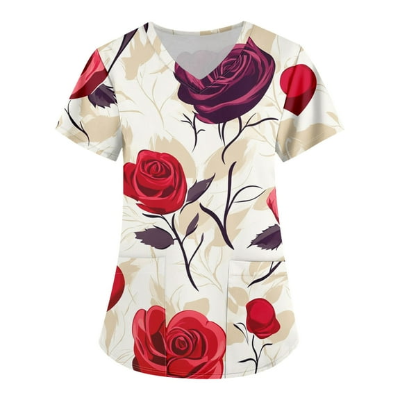 Fabrcox S-5XL Valentine Day Scrub Tops for Women Plus Size Love Heart Graphic Holiday Scrub Top for Woman V Neck Short Sleeve Nurses Working Uniforms with Pockets