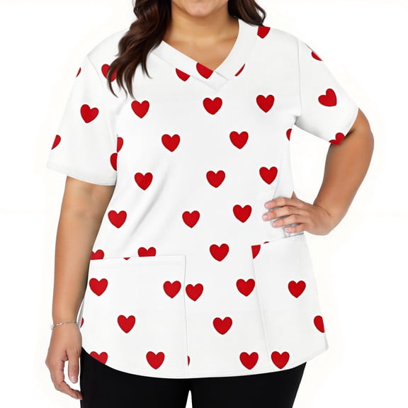 Fabrcox S-5XL Valentine Day Scrub Tops for Women Plus Size Love Heart Graphic Holiday Scrub Tops Women Stretchy V Neck Short Sleeve Nurse Uniform with Pockets