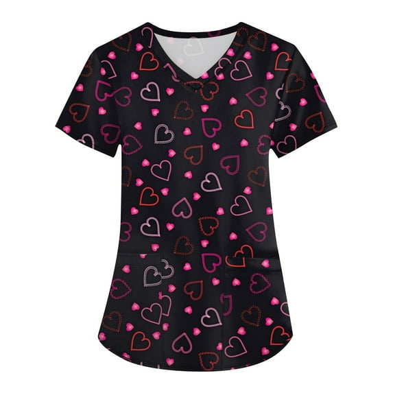 Fabrcox S-5XL Valentine Day Scrub Tops for Women Plus Size Love Heart Graphic Holiday Scrubs Tops V Neck Short Sleeve Nurses Working Uniforms with Pockets