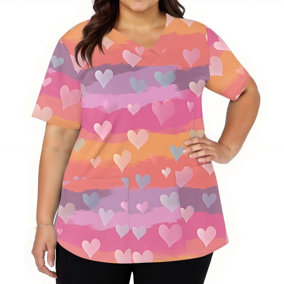 Fabrcox S-5XL Valentine Day Scrubs for Women Plus Size Love Heart Graphic Holiday Scrubs Tops V Neck Short Sleeve Women's Nurse Uniform with Pockets