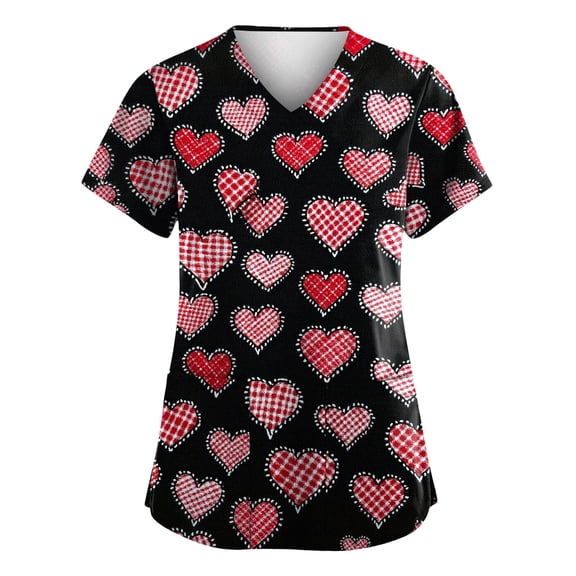 Fabrcox S-5XL Valentine Scrub Tops Women Plus Size Love Heart Graphic Holiday Scrub Top Women V Neck Short Sleeve Nurse Working Uniforms with Pockets