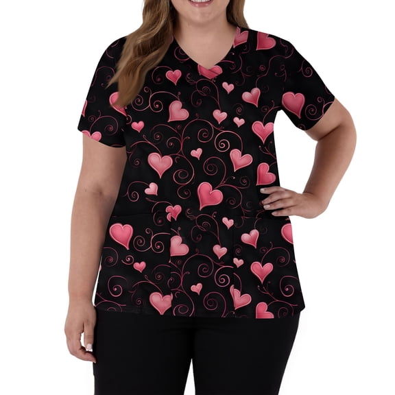 Fabrcox S-5XL Valentine Scrub Tops Women Plus Size Love Heart Graphic Holiday Scrubs Tops V Neck Short Sleeve Women’s Nurse Uniforms with Pockets
