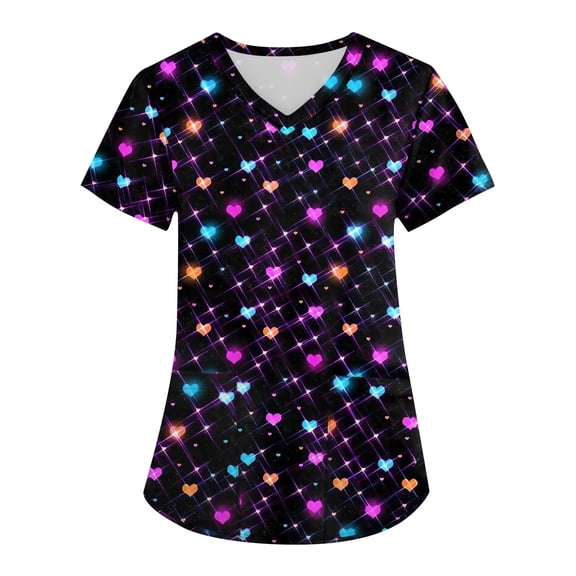 Fabrcox S-5XL Valentine Scrub Tops Women Plus Size Love Heart Graphic Holiday Scrubs for Women Tops V Neck Short Sleeve Nurse Working Uniforms with Pockets