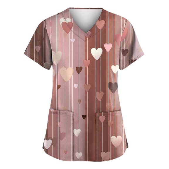 Fabrcox S-5XL Valentine Scrubs Tops for Women Plus Size Love Heart Graphic Holiday Scrub Tops for Women V Neck Short Sleeve Women's Nurse Uniform with Pockets