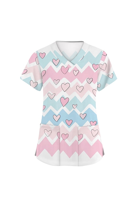 S-5XL Valentine's Day Scrub Tops Heart Printed Womens Work Shirts with Pocket Short Sleeve V Neck Stretch Nursing Uniforms for Women Scrubs