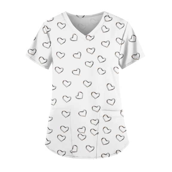 Fabrcox S-5XL Valentines Day Scrub Tops Women Plus Size Love Heart Graphic Holiday Scrubs for Women V Neck Short Sleeve Women's Nurse Uniform with Pockets
