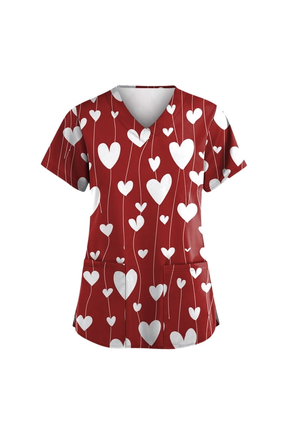 S-5XL Valentines Day Scrub Tops Women Plus Size Love Heart Graphic Holiday Womens Scrub Top V Neck Short Sleeve Women's Nurse Uniform with Pockets