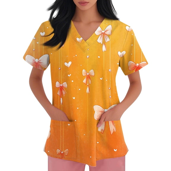 Fabrcox S-5XL Valentines Day Scrubs Tops for Women Plus Size Love Heart Graphic Holiday Scrub Shirts for Women V Neck Short Sleeve Women’s Nurse Uniforms with Pockets